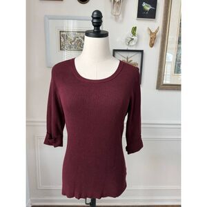 White House Black Market WHBM Burgundy Elbow Sleeve Ribbed Top M